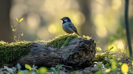 Obraz premium Bird perched on mossy log in sunlit forest