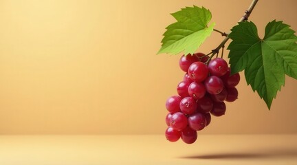A vibrant cluster of ripe red berries hanging from a lush green vine against a muted, warm background