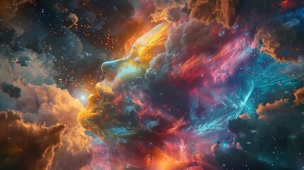 "Artistic Representation of Human Mind – Translucent Head with Swirling Colors and Flames"