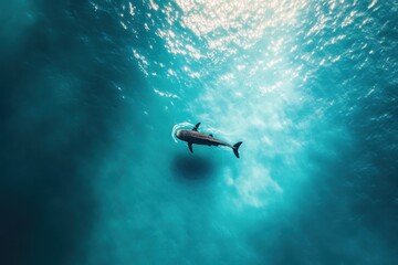 Aerial View of a Massive Whale Shark Swimming Peacefully in Open Water Captured with Wide Angle Lens for Scenic Underwater Photography