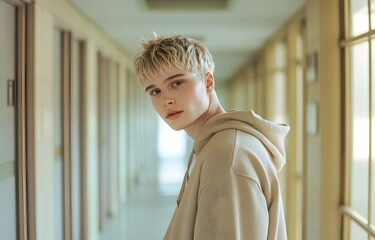 Young Man with Blonde Hair in Beige Hoodie