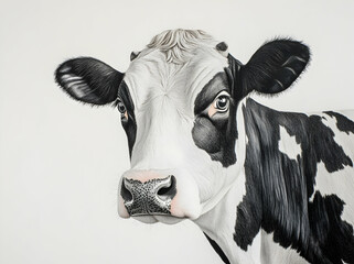 Detailed Portrait of a Dairy Cow, A Study in Black and White, highlighting the intricate textures and gentle expression of this farm animal on a clean background