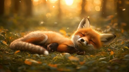 Fototapeta premium Adorable Fox in Peaceful Sleep on a Mossy Forest Floor