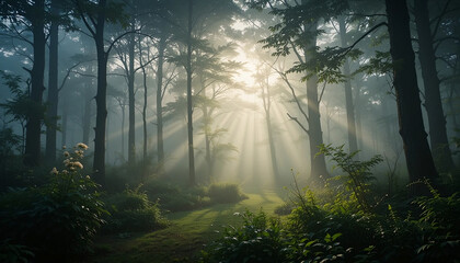 Obraz premium A misty forest with sunlight streaming through the trees is a tranquil scene