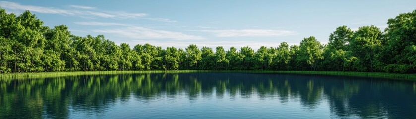 Scenic view of a calm lake surrounded by lush green trees under a blue sky. Serene nature landscape.