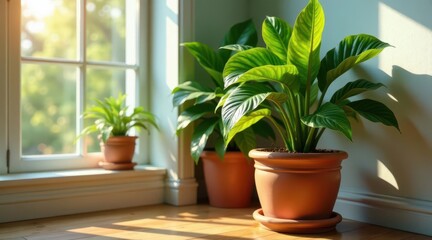 Sunlight Illuminates Vibrant Houseplants in Earthy Terracotta Pots on a Windowsill