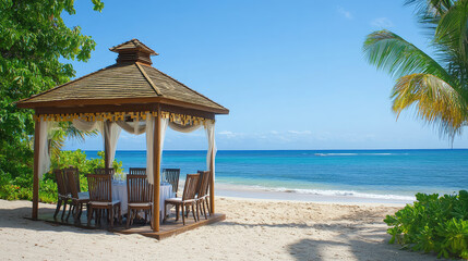 Fototapeta premium A beach hut with a table and chairs is set up on the beach. The hut is surrounded by trees and the ocean , The gazebo is surrounded by palm trees 