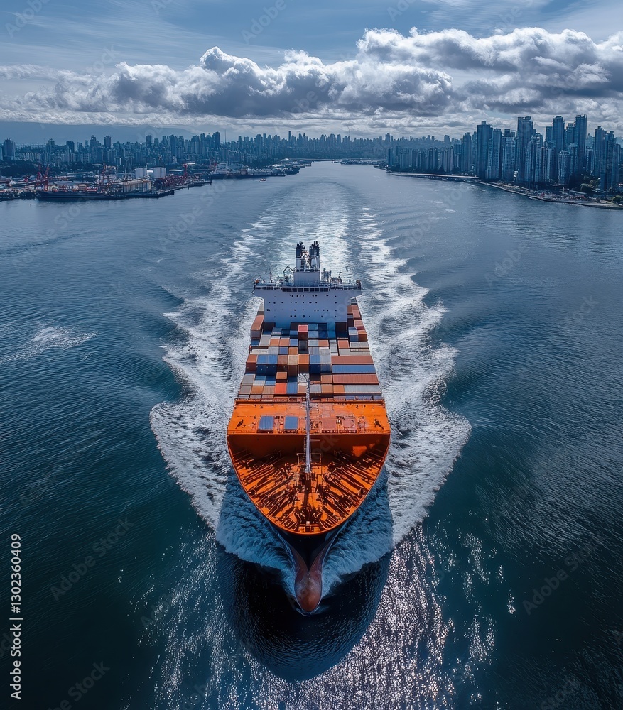 Poster aerial view of container ship navigating through urban waterway with city skyline and cloudy sky in 