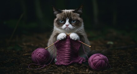 Cat skillfully knitting with yarn in a dark forest setting during twilight, showcasing a whimsical and humorous moment of feline creativity. Generative AI