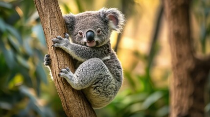 Obraz premium Adorable koala climbing on tree branch in natural habitat