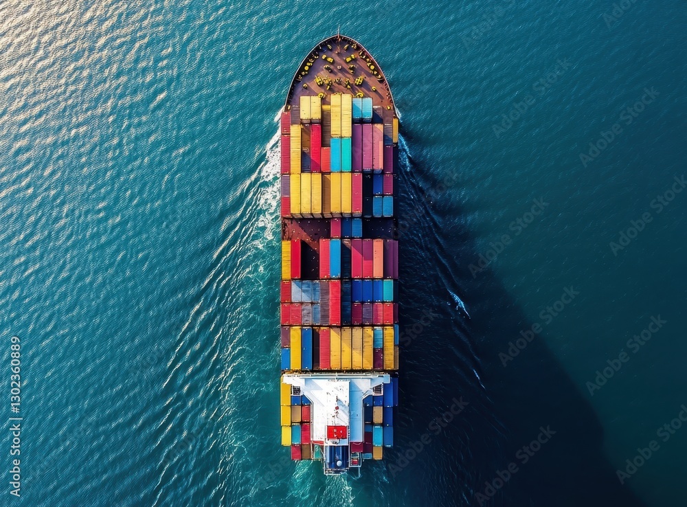 Poster aerial view of large cargo ship loaded with colorful shipping containers navigating through calm blu