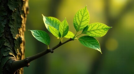 Vibrant New Growth Emerging from a Tree Trunk, Illuminated by Soft Sunlight