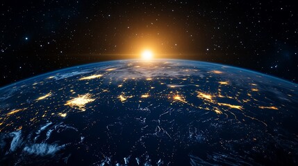 Obraz premium Earth sunrise with city lights from space.