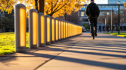 Obraz premium person walking along pathway lined with glowing light posts, surrounded by autumn foliage. warm light contrasts with cool shadows, creating serene atmosphere