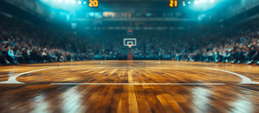 Dynamic low-angle shot capturing the vibrant energy of a basketball court filled with spectators, bathed in dramatic lighting for intense atmosphere