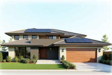Fototapeta premium A Modern Sustainable house with sleek solar panels integrated into a flat roof, framed by minimalist landscaping.