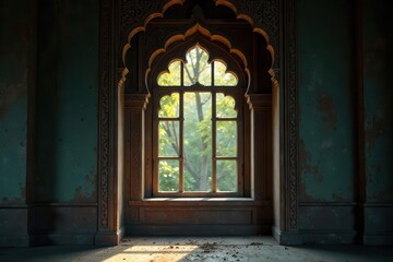 Fototapeta premium Ornate Window in a Timeworn Room, Sunlight Illuminating the Aged Stone and Intricate Carvings, a Glimpse of Nature Beyond