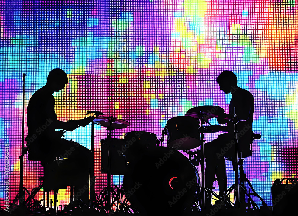 Poster dynamic silhouette of musicians performing against vibrant led backdrop capturing the essence of liv