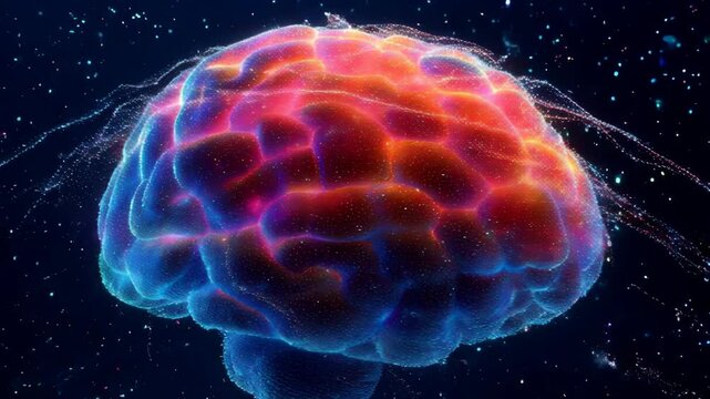 digital brain illuminated with streams of colorful data