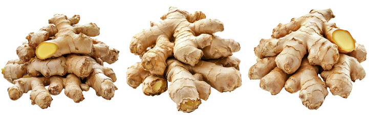 A Set of High-Quality Hunan Ginger Roots for Culinary Use Isolated on Transparent Background