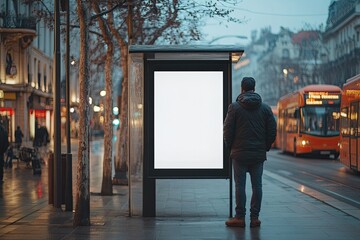 Ultra Quality Picture of a Man Standing on a Sidewalk Next to a Bus Stop