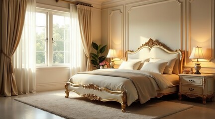 Elegant Master Bedroom Suite with Ornate Gold Bed Frame and Luxurious Bedding