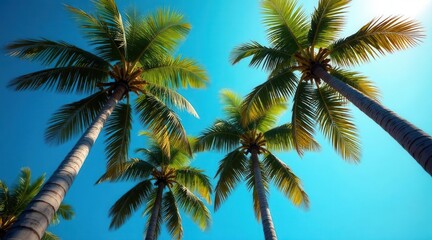 Tropical Paradise Majestic Palm Trees Reaching for a Vivid Azure Sky, Bathed in Sunshine's Golden Embrace