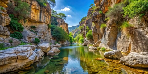 Scenic view of rock formation in canyon with small creek at Madonie Natural Park in Isnello, canyon landscape, Sicilian wilderness