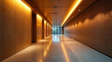 Illuminated Passageway Warm Wood Paneling, Polished Floor, and Subtle Ambient Lighting Create a Serene and Elegant Atmosphere