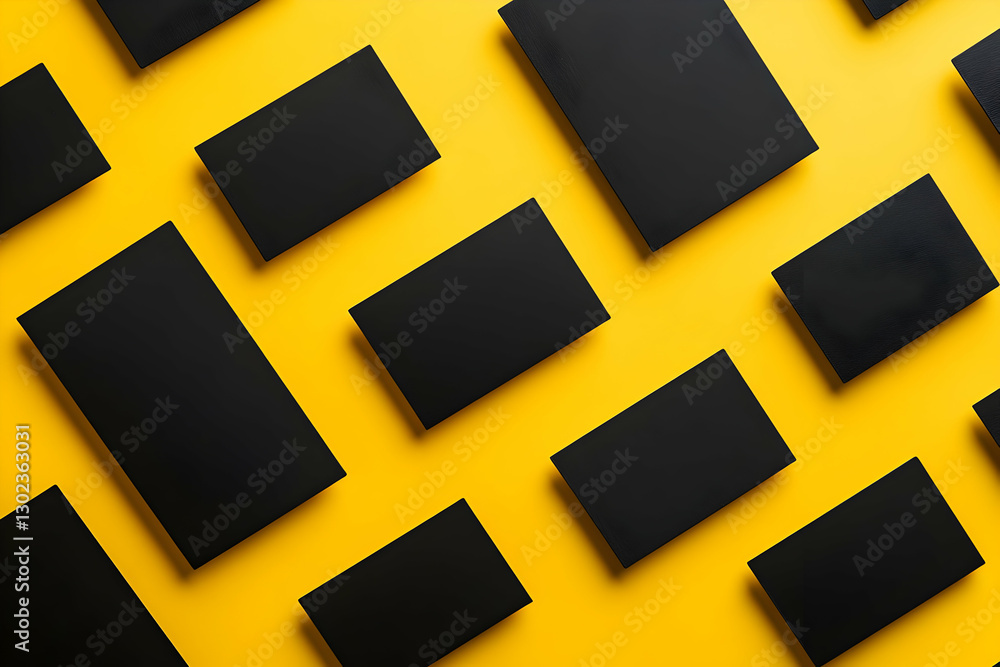Poster elegant arrangement of black rectangular blocks on vibrant yellow background displaying contemporary