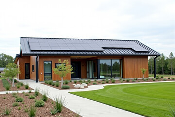 Fototapeta premium A Modern Sustainable house with sleek solar panels integrated into a flat roof, framed by minimalist landscaping.