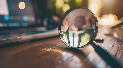 Close-up of laptop screen with search bar and magnifying glass icon, representing online privacy and data security concerns in digital age.