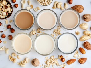 Assorted Nut Milks in Glass Jars Surrounded by Nuts, Oats, and Ingredients on a White Table, Healthy Plant-Based Beverages, Natural Food Concept