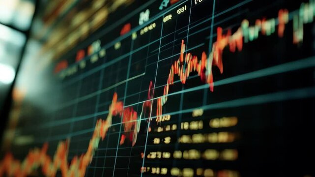 Financial and business candle stock graph chart, Bull vs bear concept, a panoramic shot of a large, curved monitor wrapped around a trading station, displaying extensive candlestick charts - Powered by Adobe