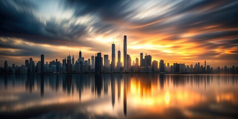 Fototapeta premium Moody cityscape at sunset with a grey black abstract background blur gradient and a blurred city skyline, distorted, grey