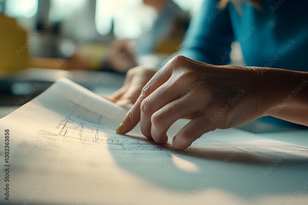 Poster architect s hands holding intricate blueprint in soft lighting behind collaborative digital modeling