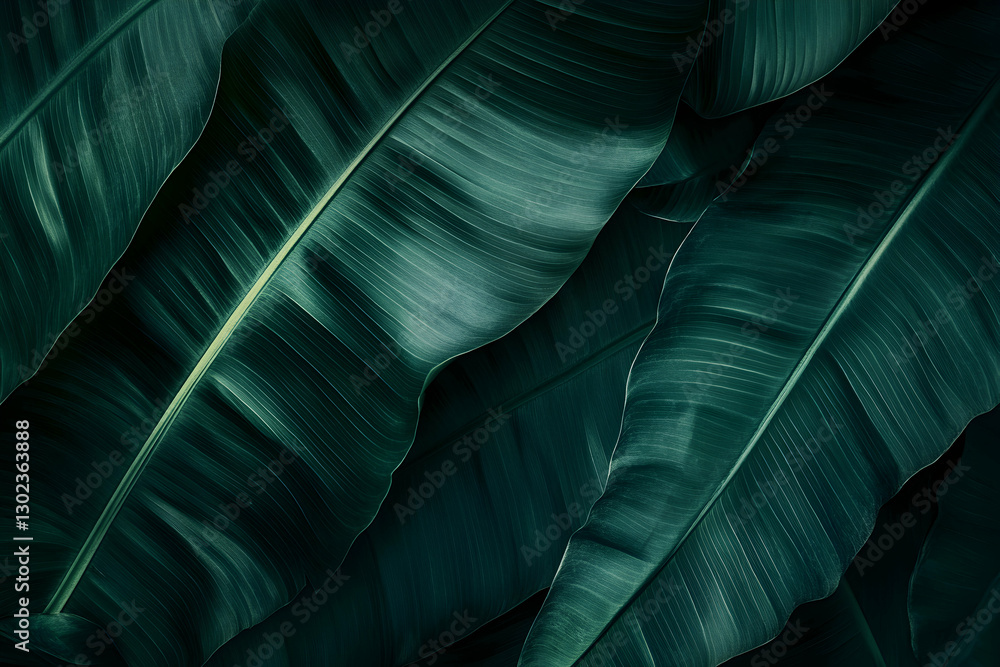 Poster elegant botanical close-up capturing lush green banana leaves with intricate vein patterns, creating