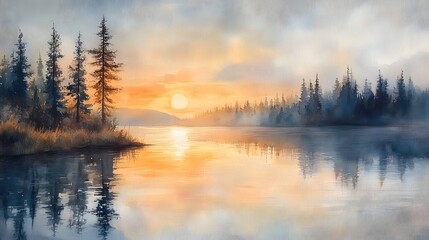Fototapeta premium Watercolor soft-toned painting of a sunrise over a calm lake, reflecting golden light