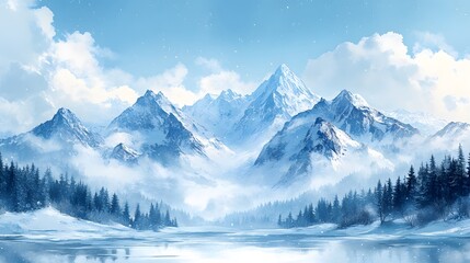 Watercolor dreamy landscape of a snow-covered mountain range with a clear blue sky