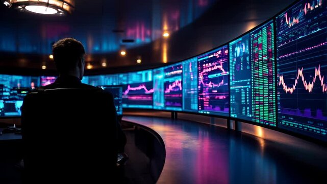 Financial and business candle stock graph chart, Bull vs bear concept, a panoramic shot of a large, curved monitor wrapped around a trading station, displaying extensive candlestick charts - Powered by Adobe