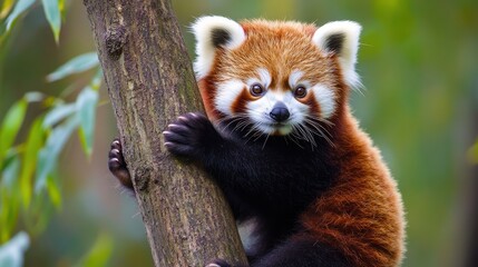 Obraz premium Adorable Red Panda Climbing a Tree in a Lush Green Habitat