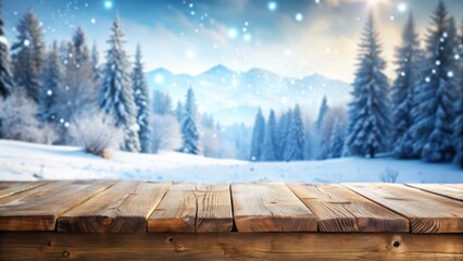 Empty wooden table in front of blurred winter holiday background , snowy landscape