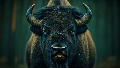 Naklejka premium Bison Portrait Staring in Woods