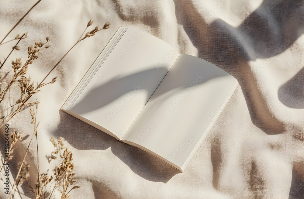 Poster elegant composition featuring an open blank notebook on a textured light background with soft shadow