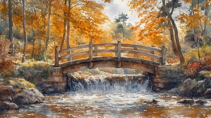 Fototapeta premium Watercolor detailed brushwork of a rustic wooden bridge over a bubbling creek
