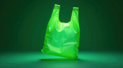 Bright lime green reusable shopping bag floating against a dark green background