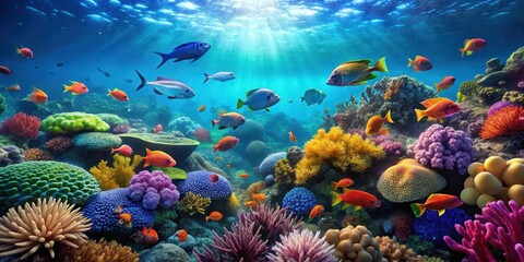 Naklejka premium Deep sea coral reef with schools of fish swimming through the vibrant green and blue waters, marine life, coral, marine life
