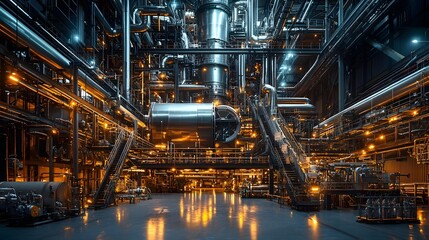 Fototapeta premium Detailed View of Biomass Power Plant Interior with Boilers and Fuel Conveyors
