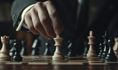 Businessman moving chess piece in a business competition concept. Business people with a board game or background for strategic planning and the success strategy of a company battle symbol