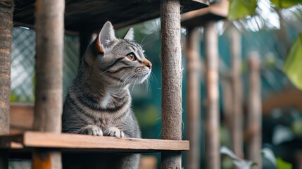 Gray tabby cat on wooden shelves, looking away.